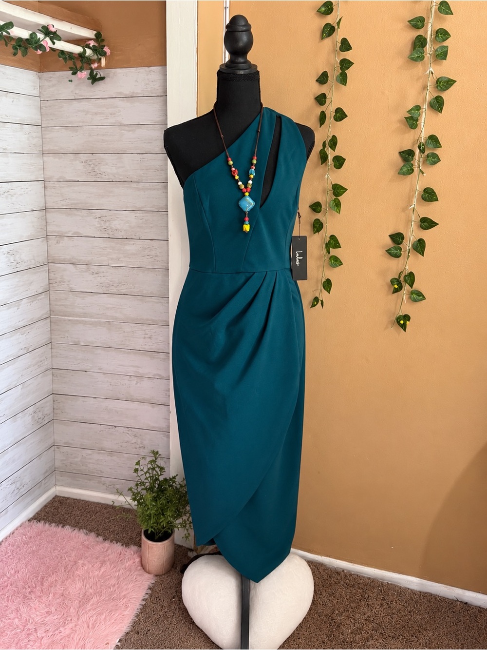 Teal Blue Elegant Draped Midi Dress – NWT